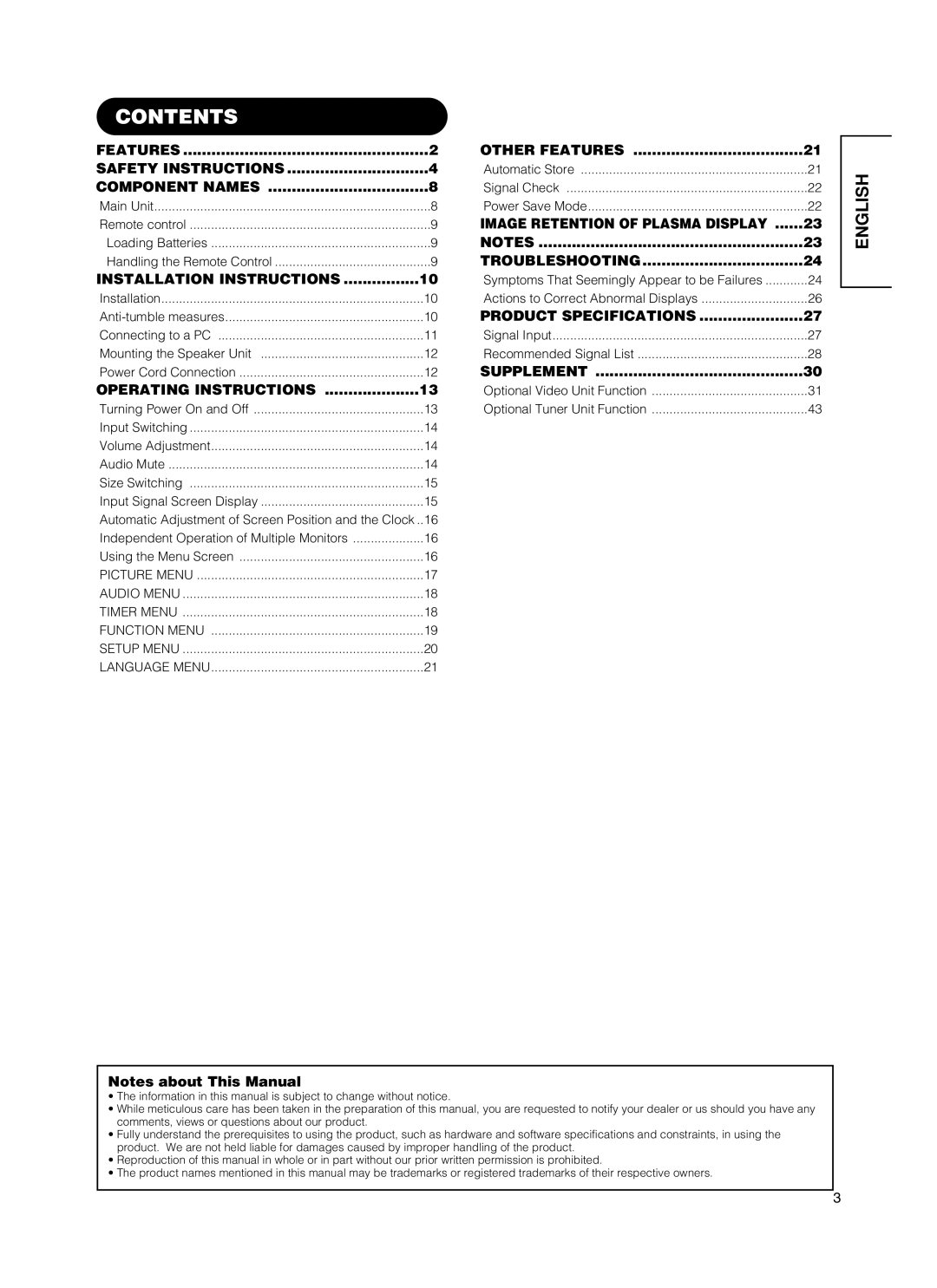 Hitachi 55PMA550E, CMP5500, 37PD5000, 55PD5000 user manual Contents 