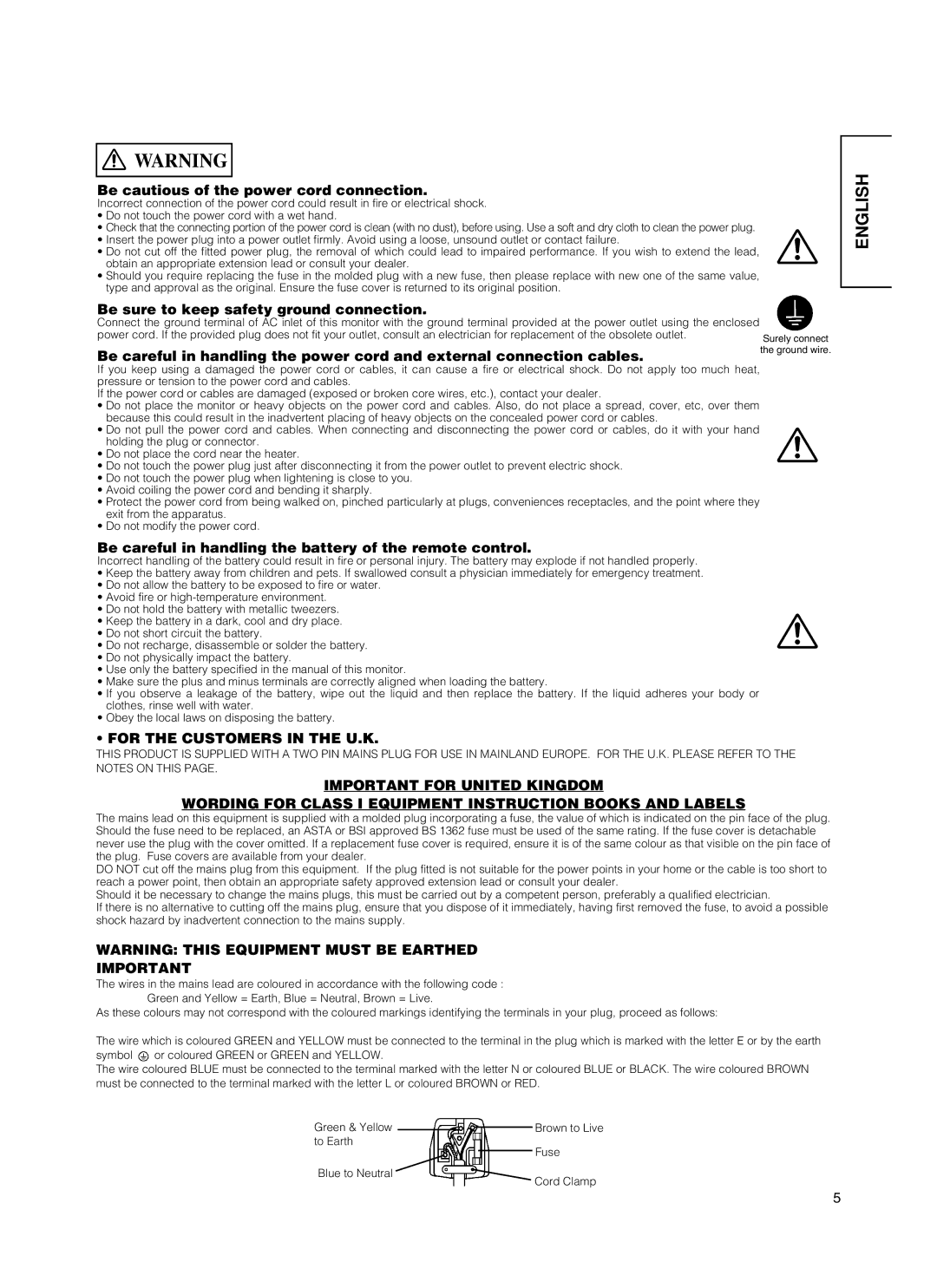 Hitachi 55PD5000, CMP5500, 55PMA550E Be cautious of the power cord connection, Be sure to keep safety ground connection 