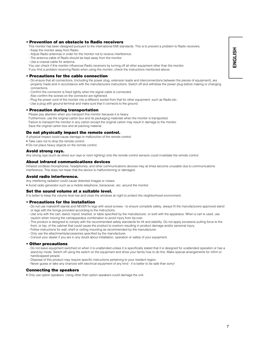 Hitachi 55PMA550E Prevention of an obstacle to Radio receivers, Precautions for the cable connection, Avoid strong rays 