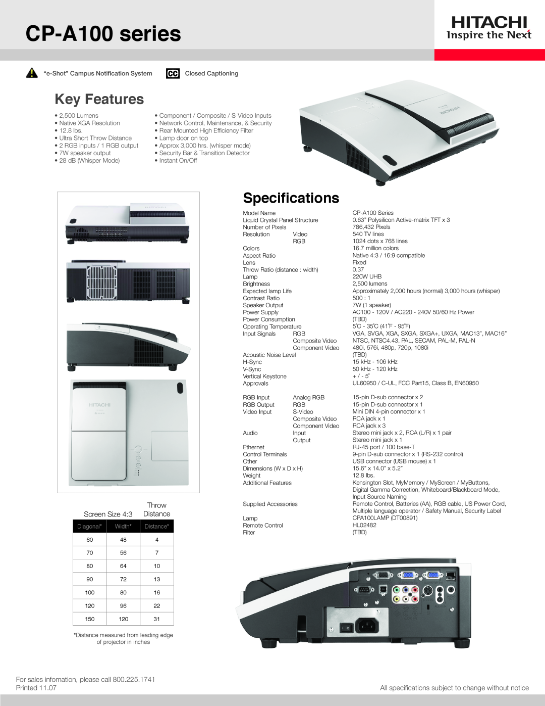 Hitachi specifications CP-A100 series, Key Features, Specifications, Screen Size, Throw, Distance, Printed, Diagonal 
