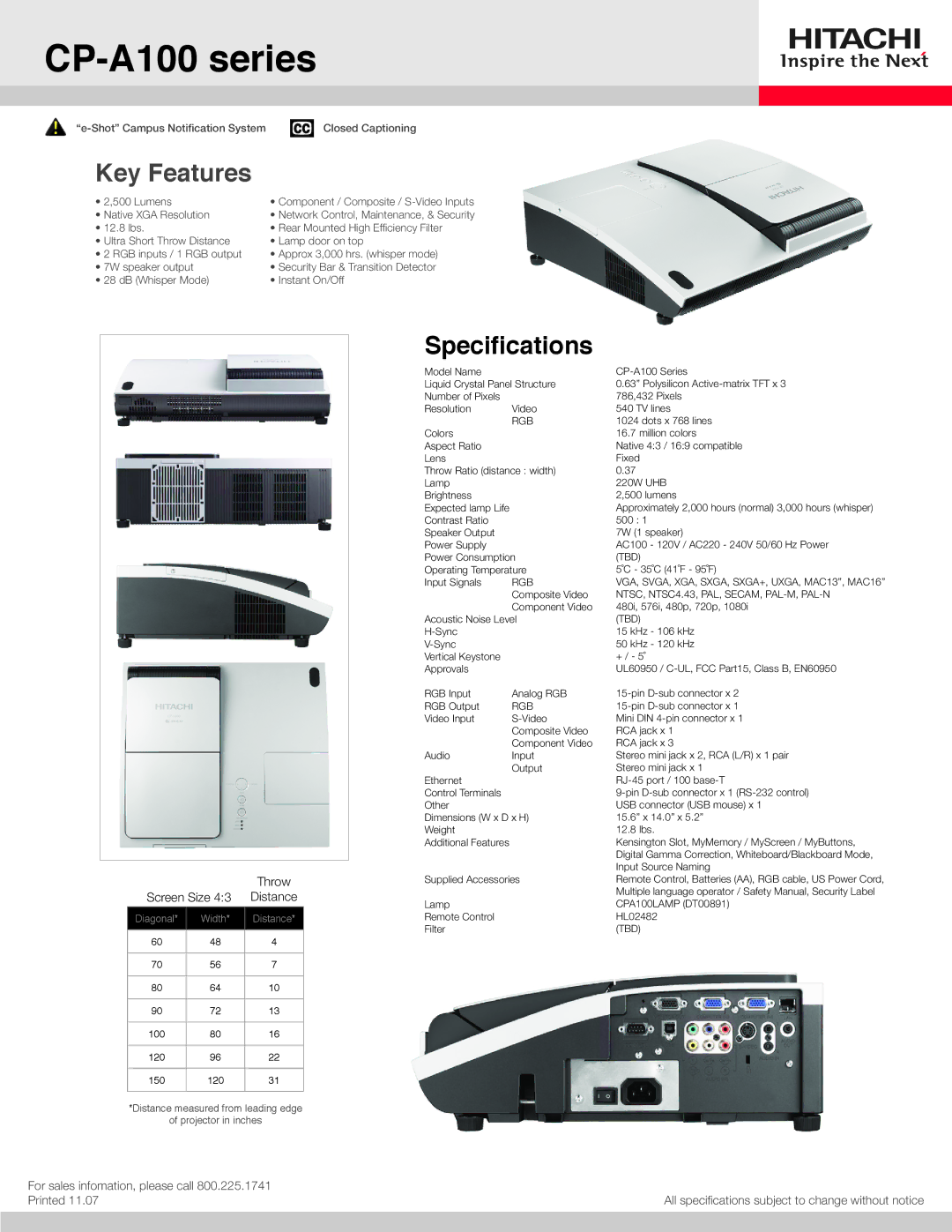 Hitachi specifications CP-A100 series, Key Features, Specifications, Screen Size 