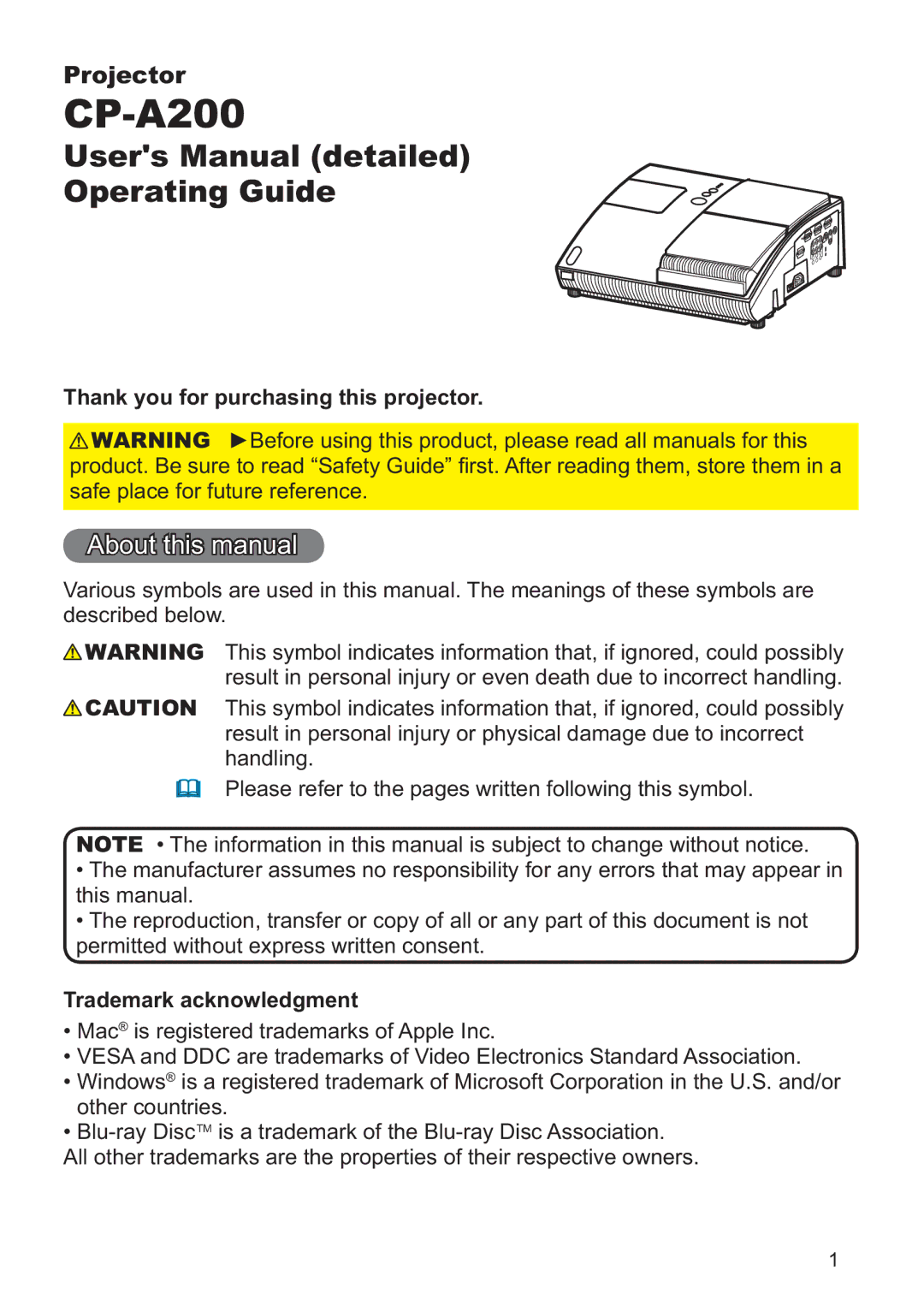 Hitachi CP-A200 user manual Thank you for purchasing this projector, Trademark acknowledgment 