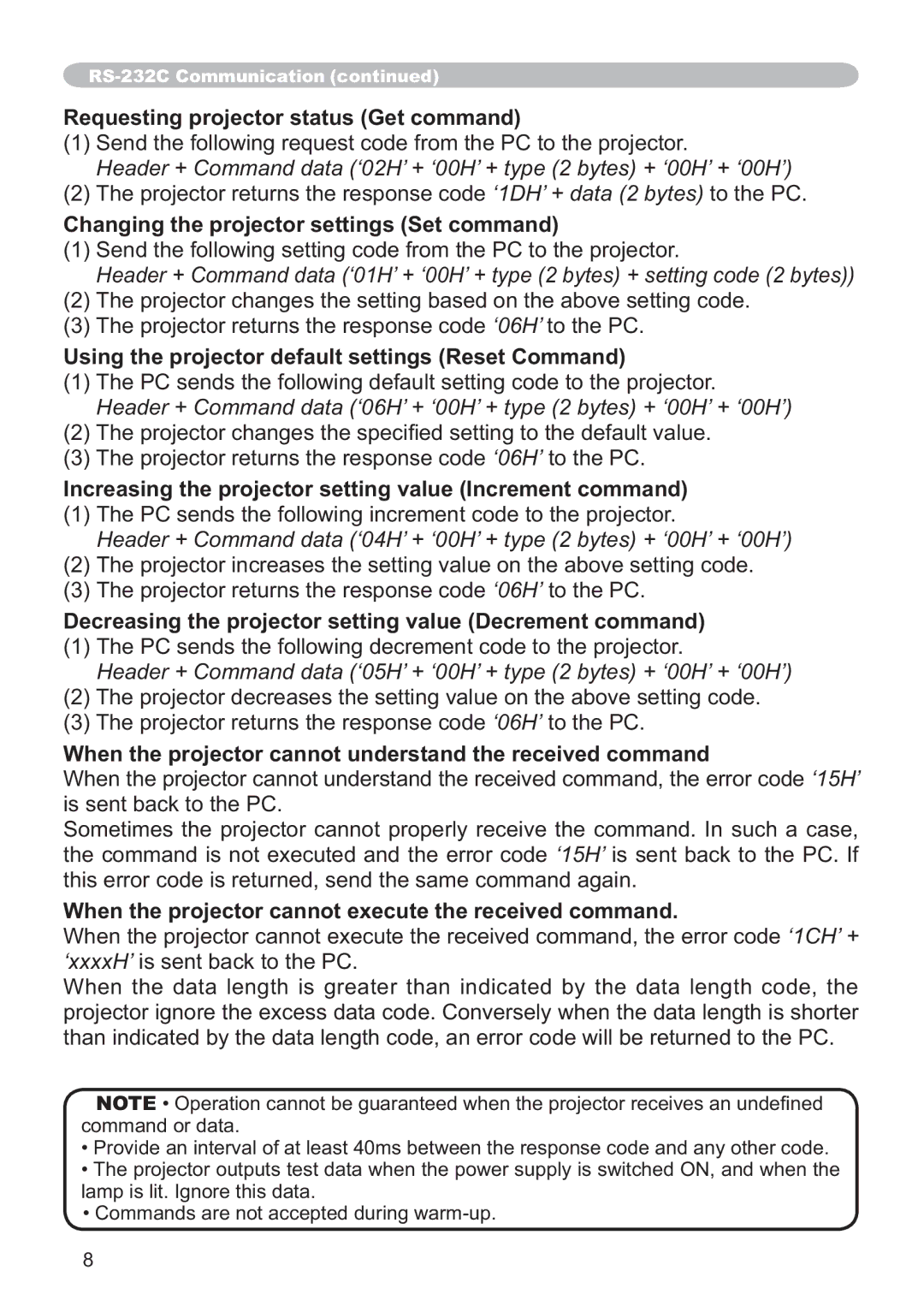 Hitachi CP-A200 user manual RS-232C Communication 