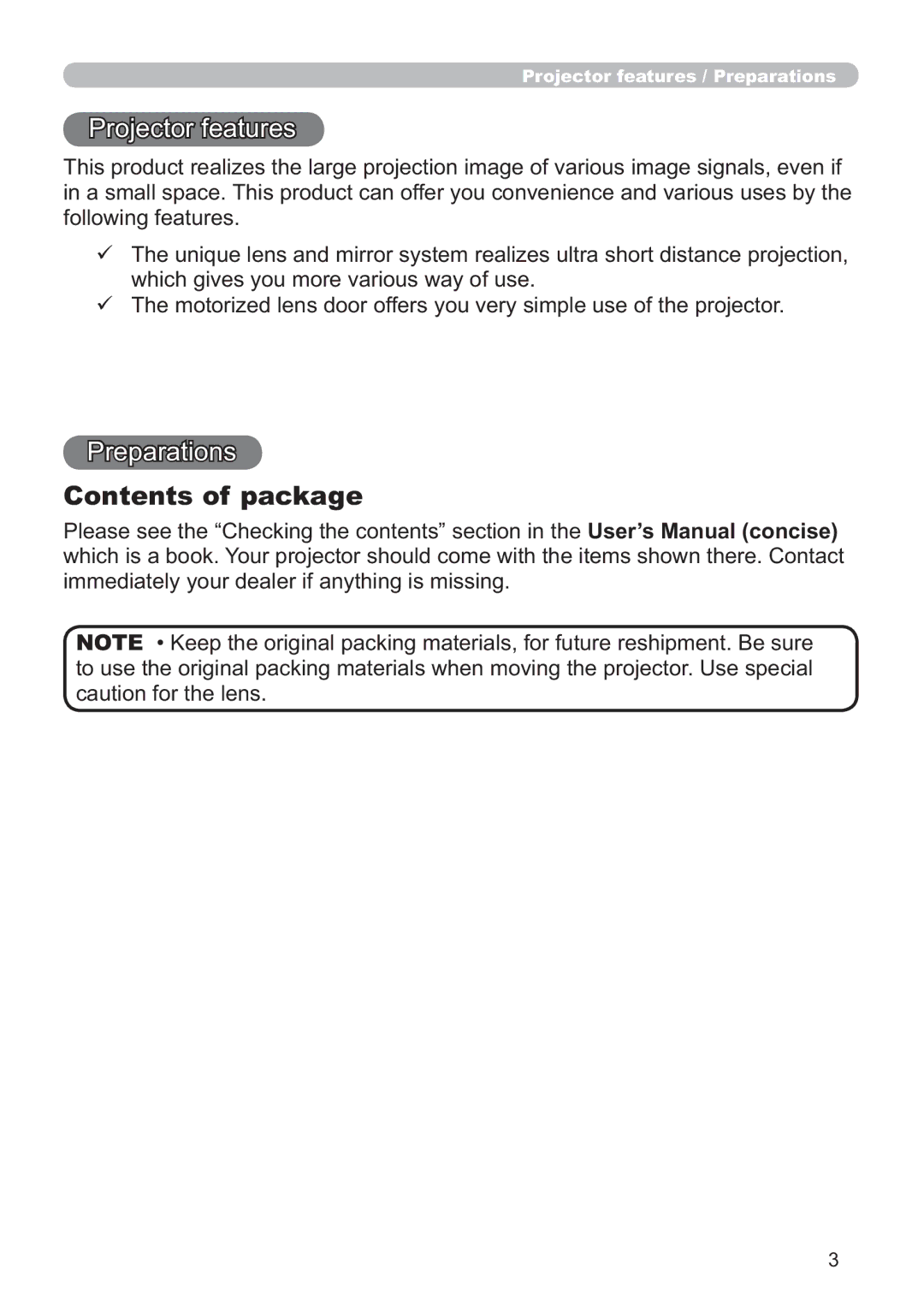 Hitachi CP-A200 user manual Contents of package 