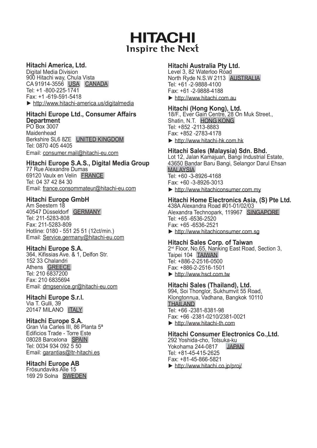Hitachi CP-A200 Hitachi Europe S.A.S., Digital Media Group, Hitachi Europe GmbH, Hitachi Europe S.r.l, Hitachi Europe AB 