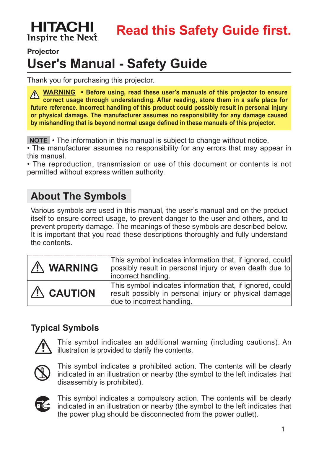 Hitachi CP-A200 user manual Read this Safety Guide first, Projector 