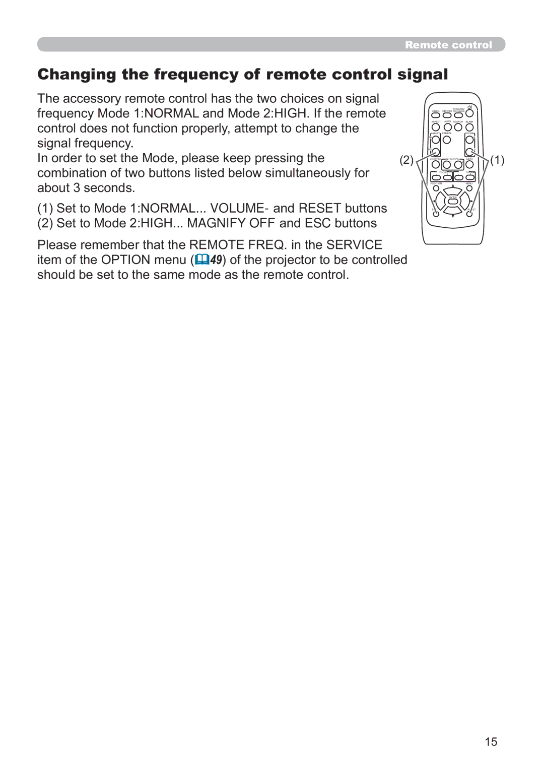 Hitachi CP-A200 user manual Changing the frequency of remote control signal, VljqdoIuhtxhqf\, DerxwVhfrqgv 