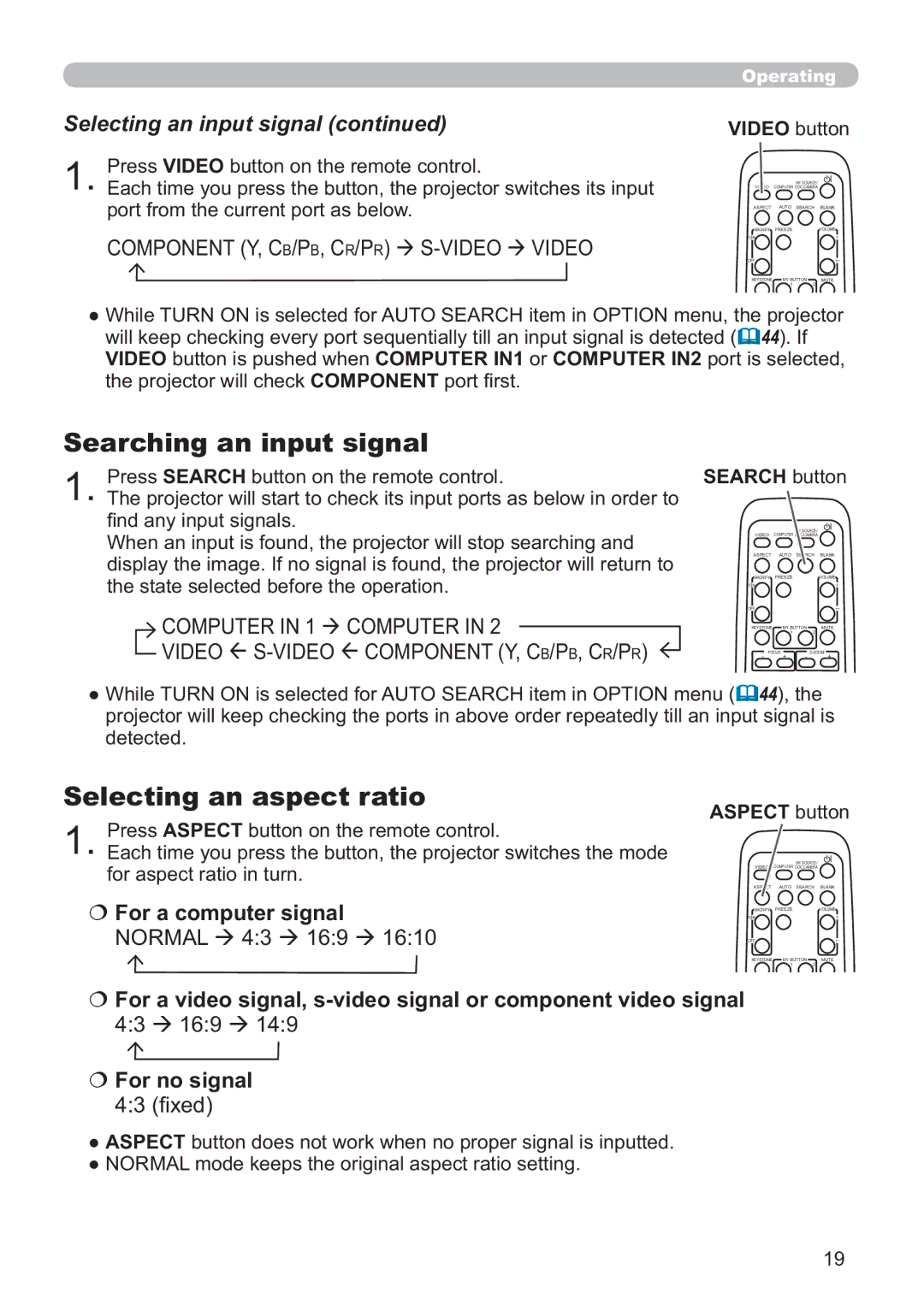 Hitachi CP-A200 Searching an input signal, Selecting an aspect ratio, Selecting an input signal, € For a computer signal 