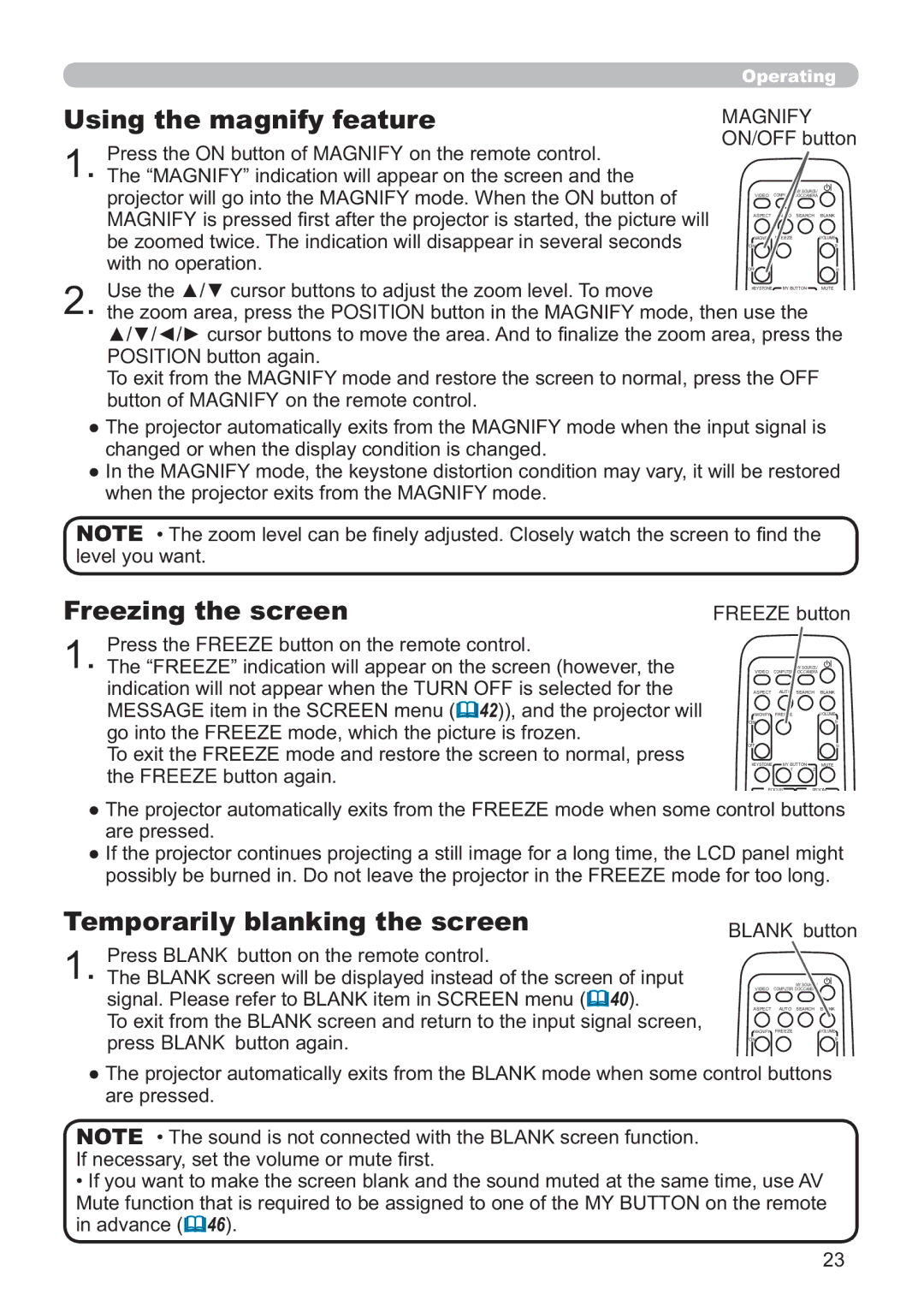 Hitachi CP-A200 user manual Using the magnify feature, Freezing the screen, Temporarily blanking the screen, Magnify 