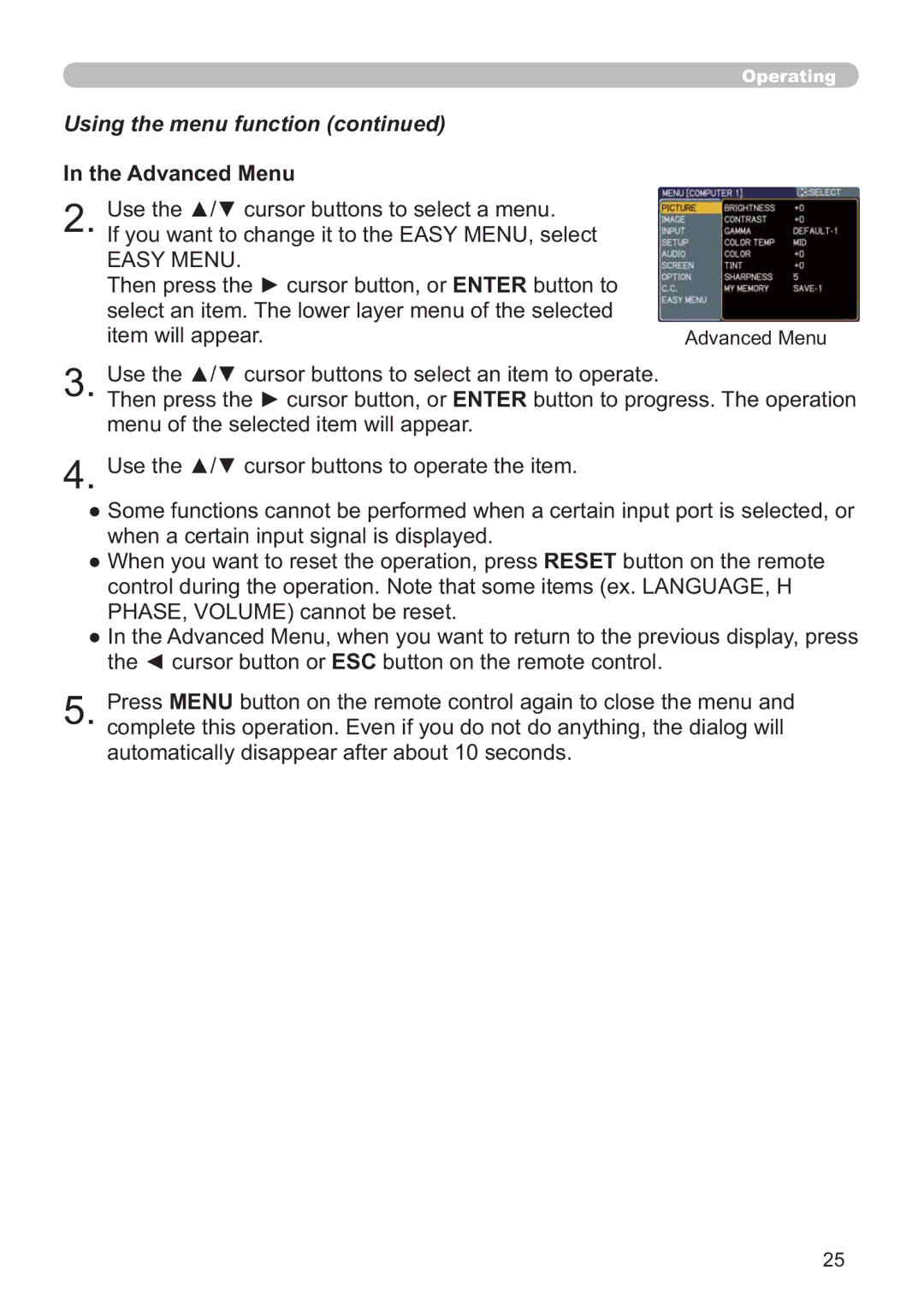 Hitachi CP-A200 Using the menu function, Advanced Menu, PhqxRiWkhVhohfwhgLwhpZlooDsshdu, $GYDQFHG0HQX 