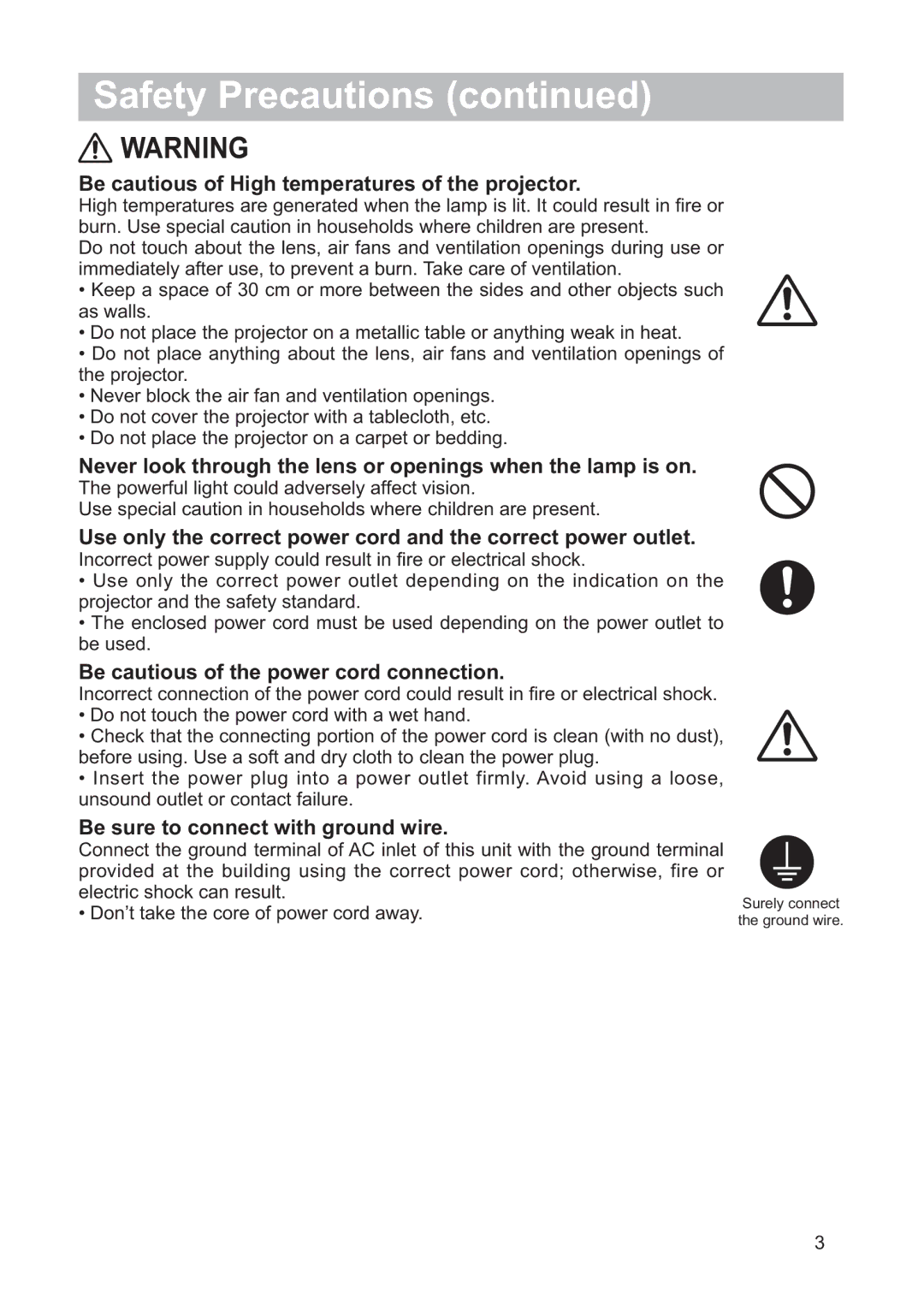 Hitachi CP-A200 user manual Be cautious of High temperatures of the projector, Be cautious of the power cord connection 