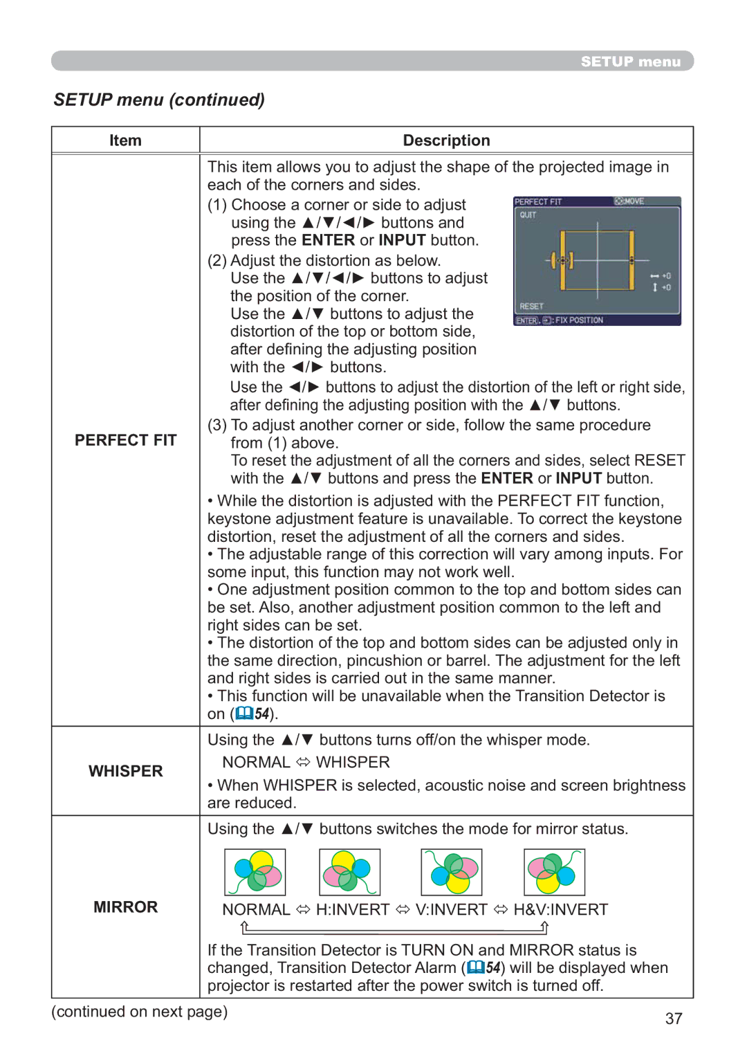 Hitachi CP-A200 user manual Setup menu 