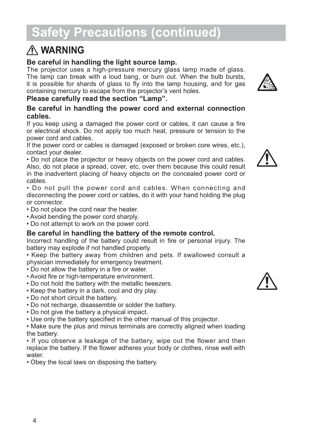 Hitachi CP-A200 Be careful in handling the light source lamp, Be careful in handling the battery of the remote control 