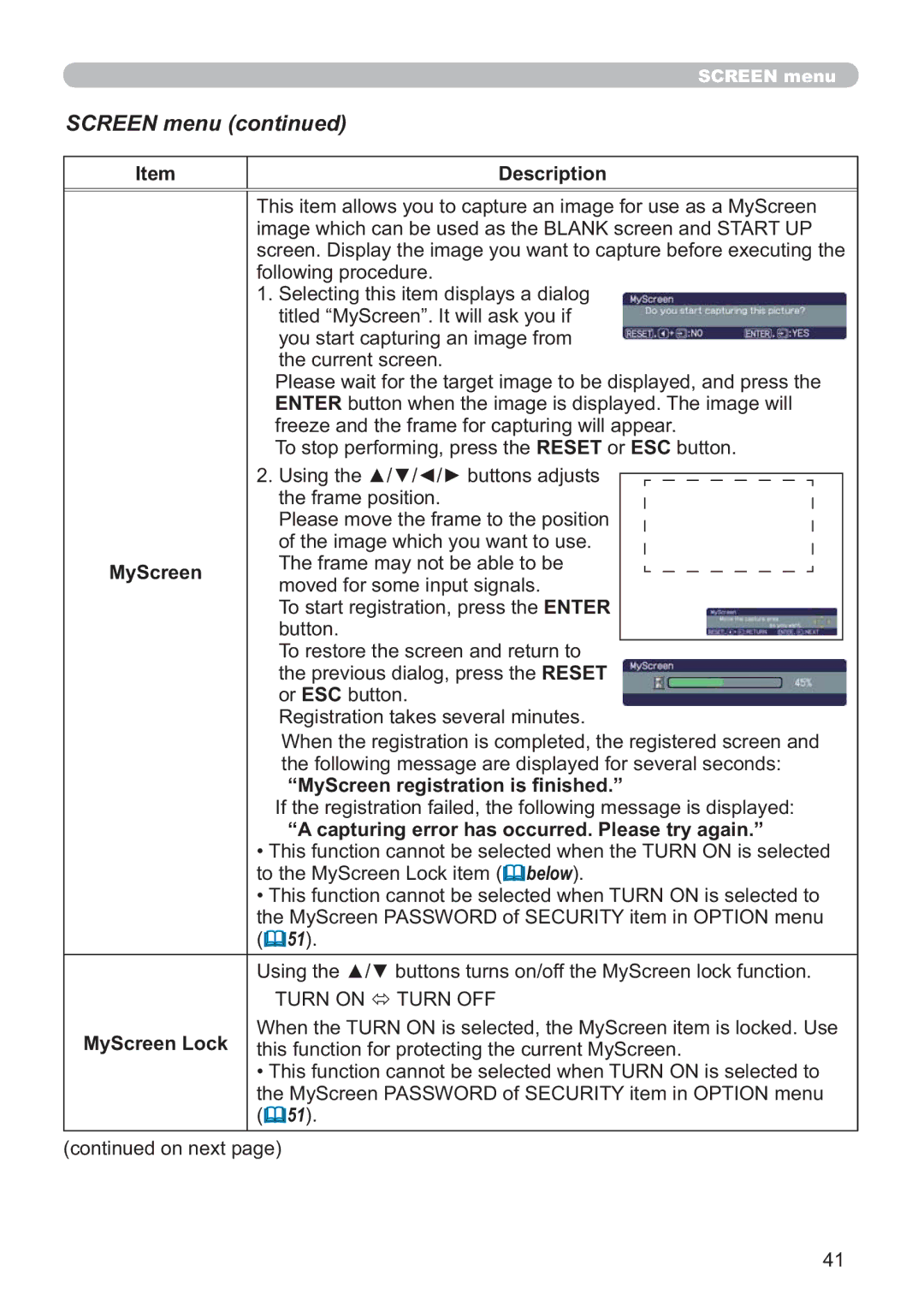 Hitachi CP-A200 user manual Screen menu, MyScreen, ³0\6FUHHQUHJLVWUDWLRQLV¿QLVKHG´ 