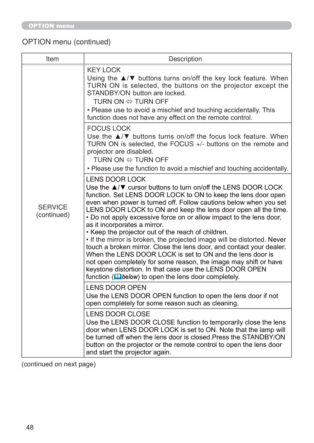 Hitachi CP-A200 user manual KEY Lock, Focus Lock 