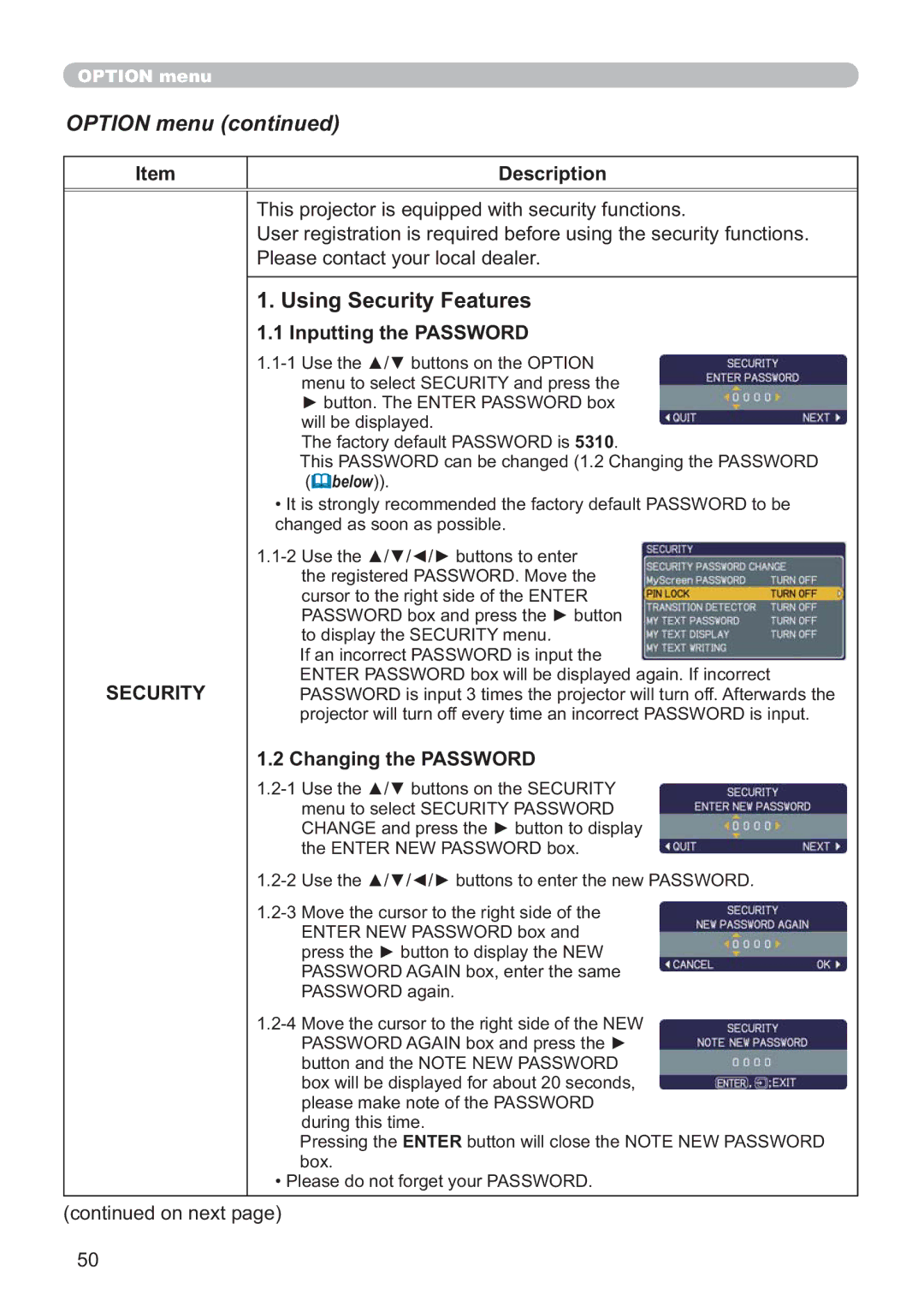 Hitachi CP-A200 Using Security Features, 3OHDVHFRQWDFW\RXUORFDOGHDOHU, Inputting the Password, Changing the Password 