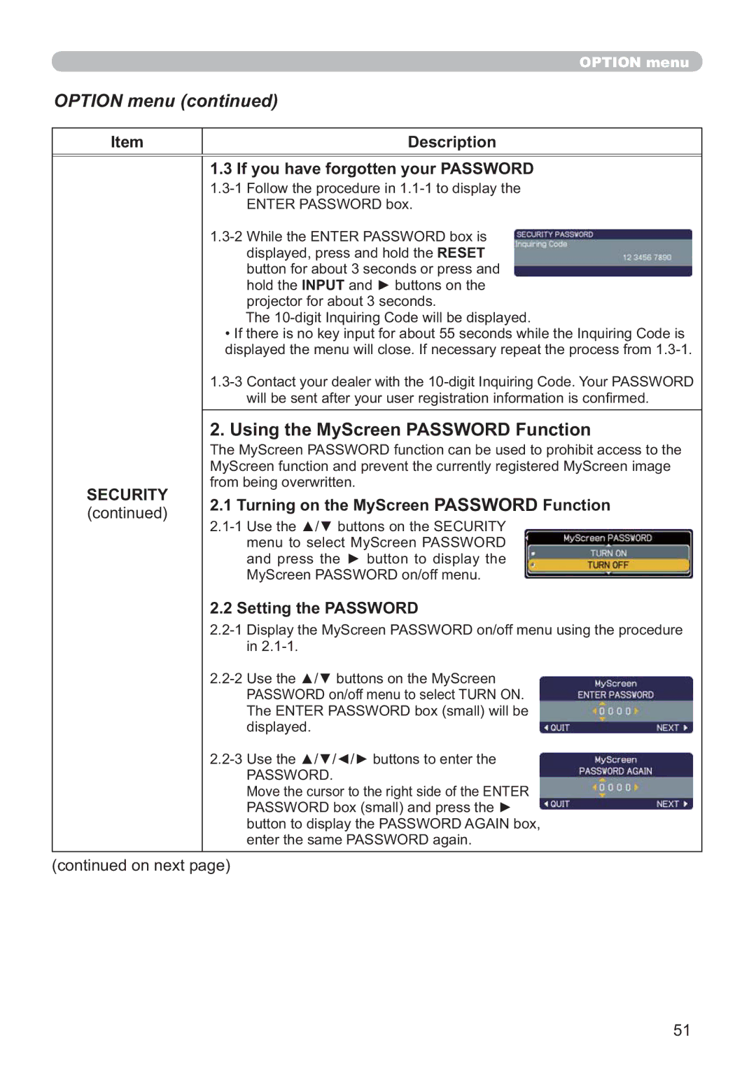 Hitachi CP-A200 user manual Using the MyScreen Password Function, If you have forgotten your Password, Setting the Password 