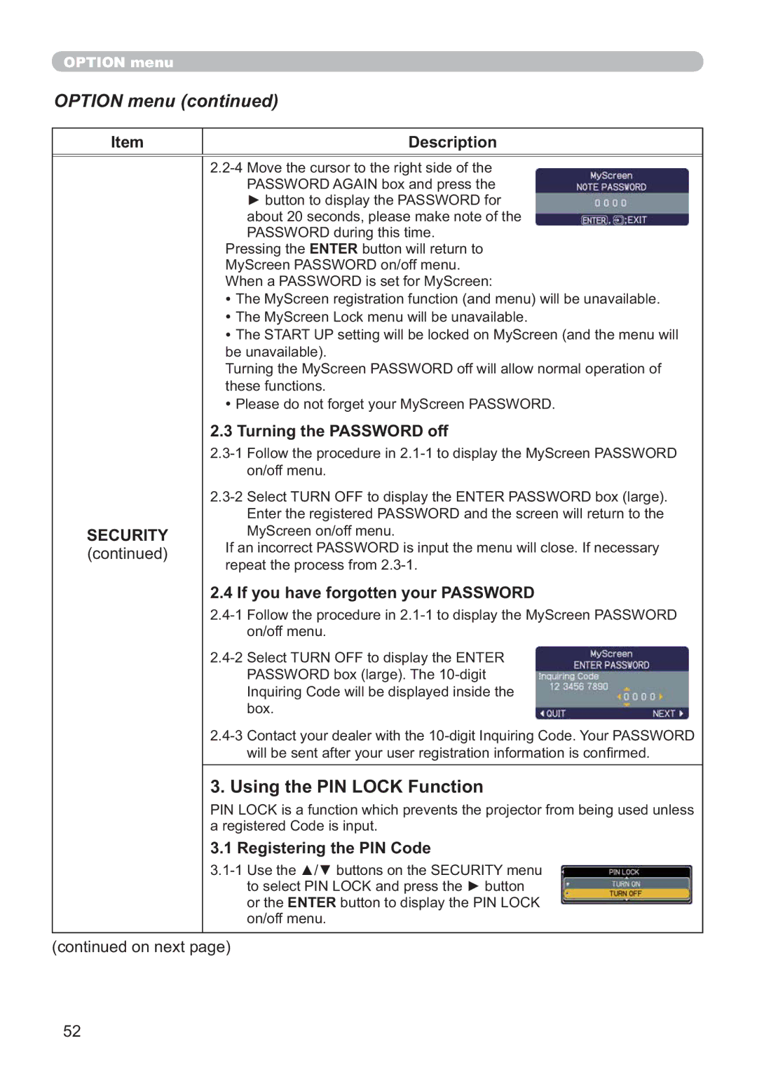 Hitachi CP-A200 Using the PIN Lock Function, Turning the Password off, Registering the PIN Code, EhXqdydlodeoh 