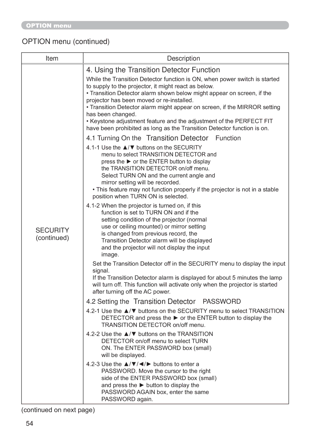 Hitachi CP-A200 user manual Using the Transition Detector Function, Turning On the Transition Detector Function 