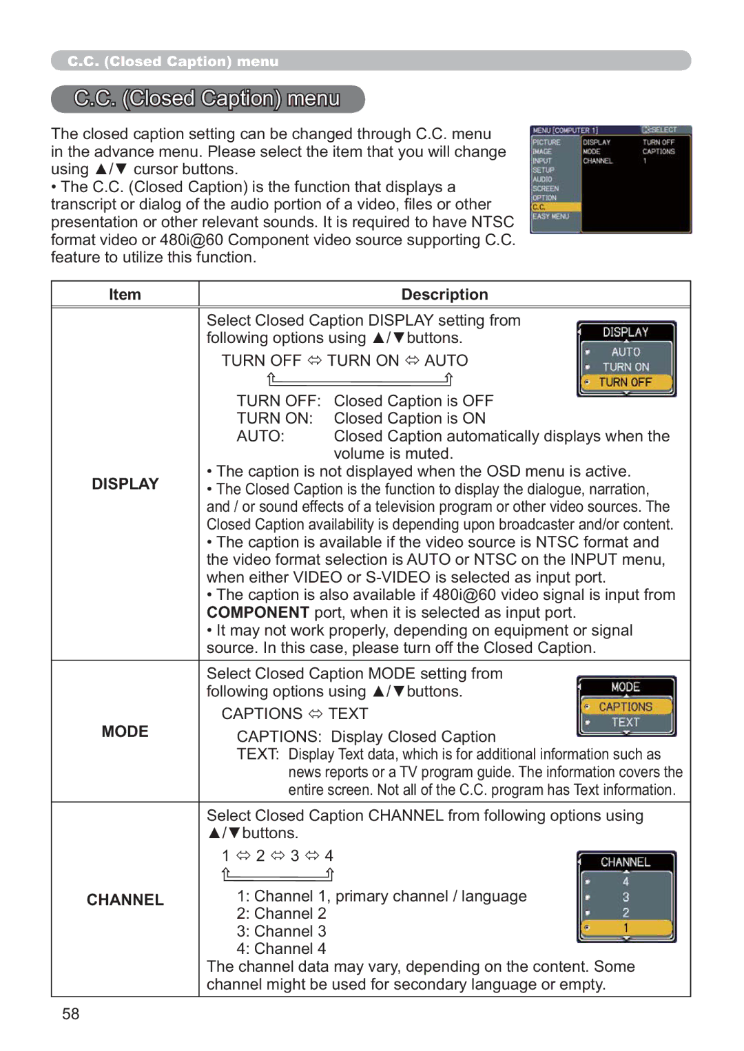 Hitachi CP-A200 user manual Display, Mode, Channel 