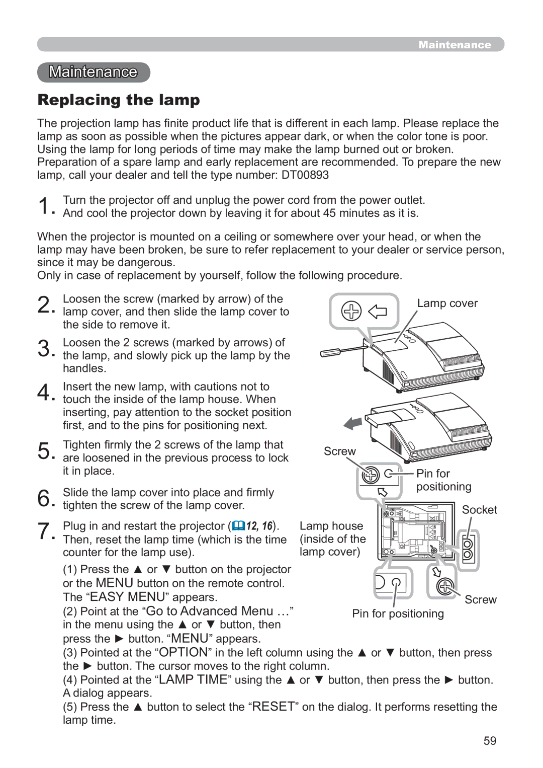 Hitachi CP-A200 user manual Replacing the lamp 