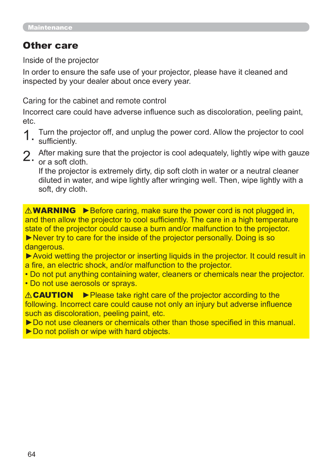 Hitachi CP-A200 user manual Other care, Inside of the projector, Caring for the cabinet and remote control 