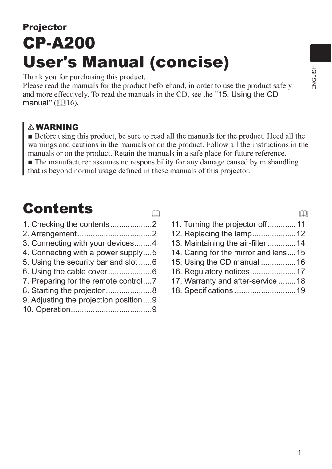 Hitachi CP-A200 user manual Contents 