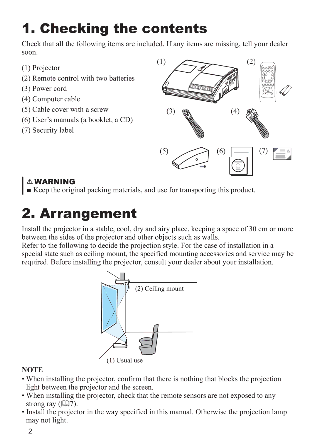 Hitachi CP-A200 user manual Checking the contents, Arrangement 