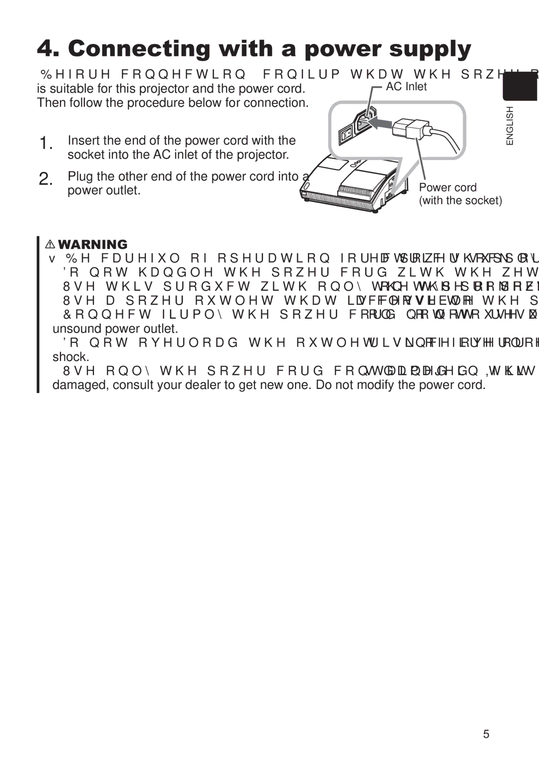 Hitachi CP-A200 user manual Connecting with a power supply, AC Inlet Power cord with the socket 