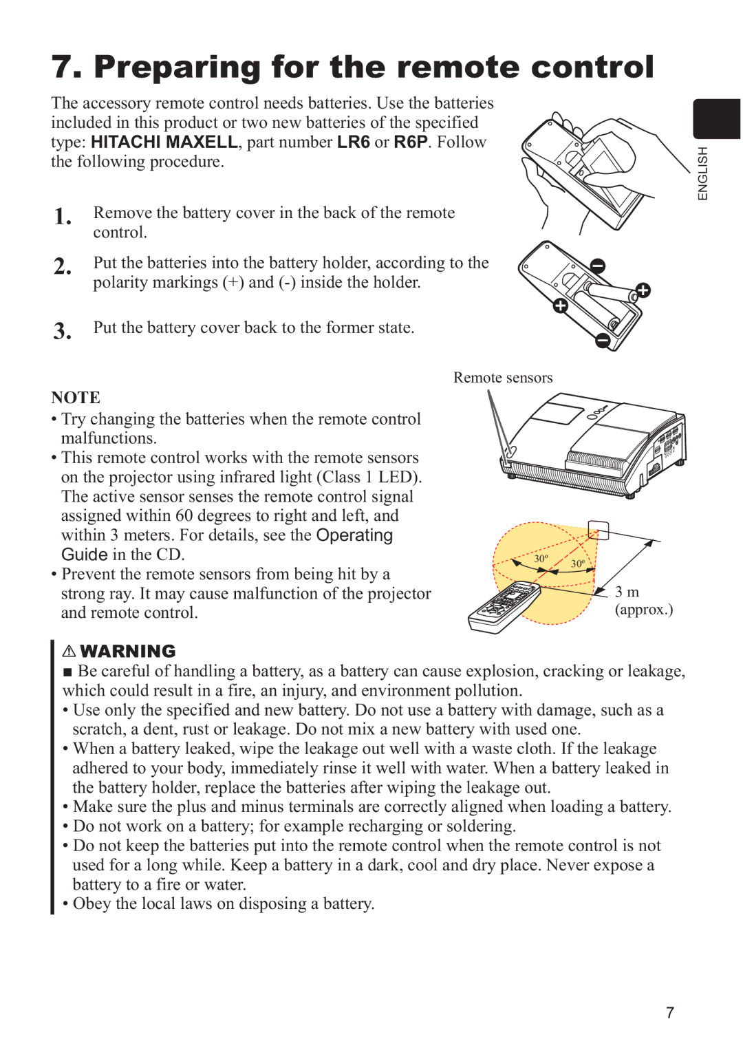 Hitachi CP-A200 user manual Preparing for the remote control, Malfunctions 