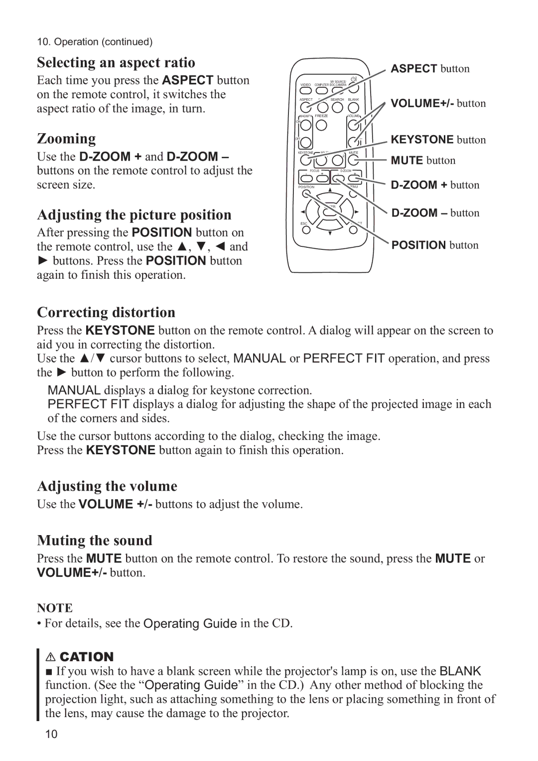 Hitachi CP-A200 user manual Aspect button VOLUME+/- button Keystone button, Zoom + button Zoom button Position button 