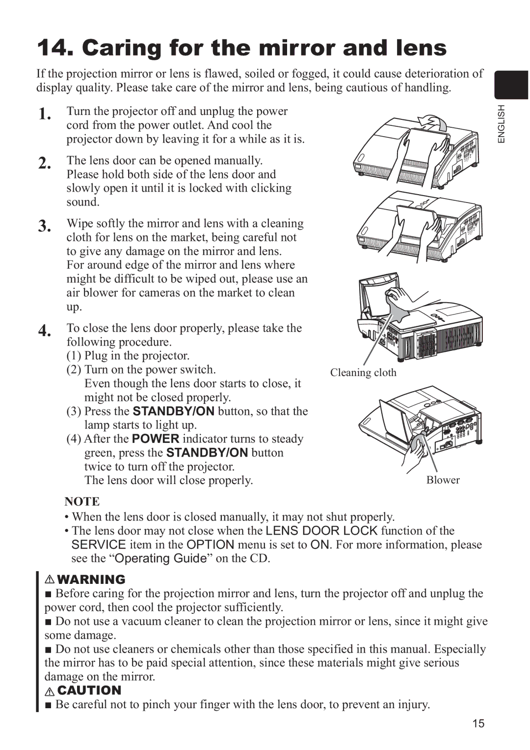 Hitachi CP-A200 user manual Caring for the mirror and lens 