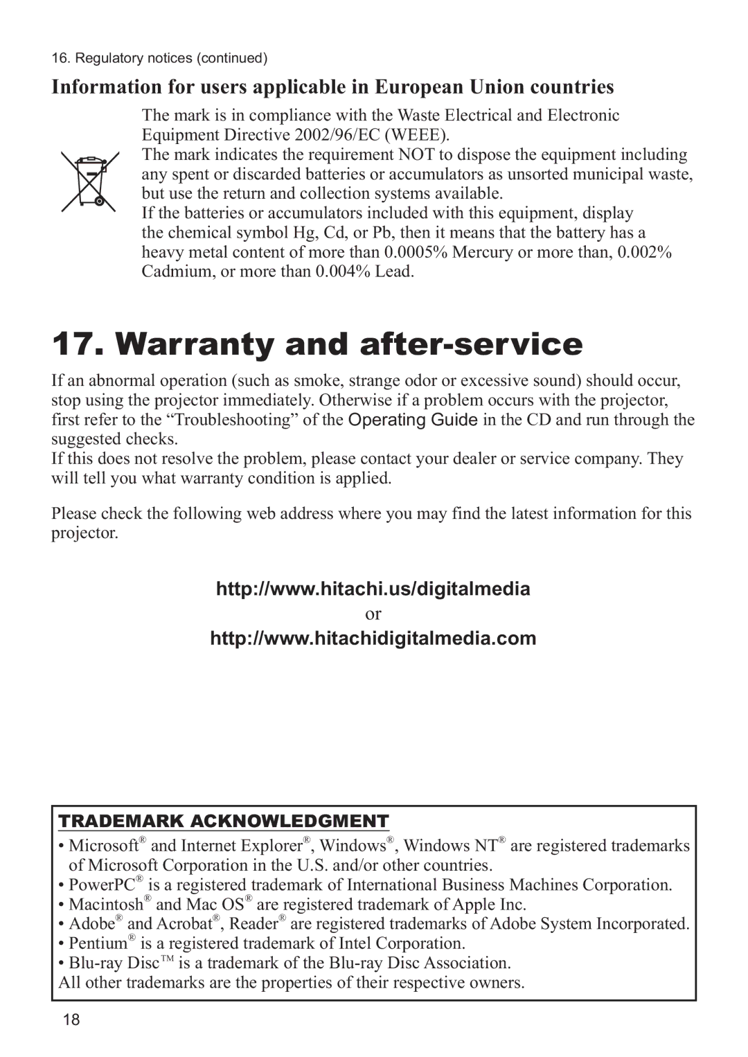 Hitachi CP-A200 user manual Warranty and after-service, TxlsphqwLuhfwlyh&  