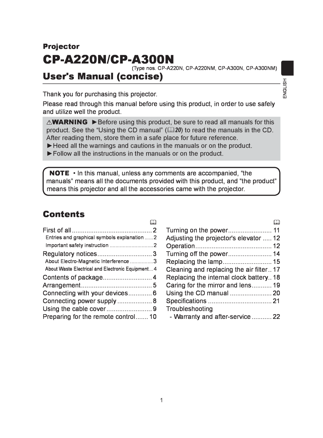Hitachi user manual Contents, Projector, CP-A220N/CP-A300N, Users Manual concise 