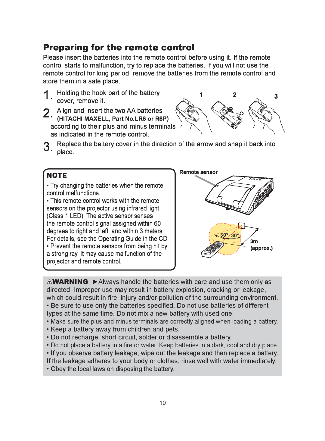 Hitachi CP-A300N user manual Preparing for the remote control 