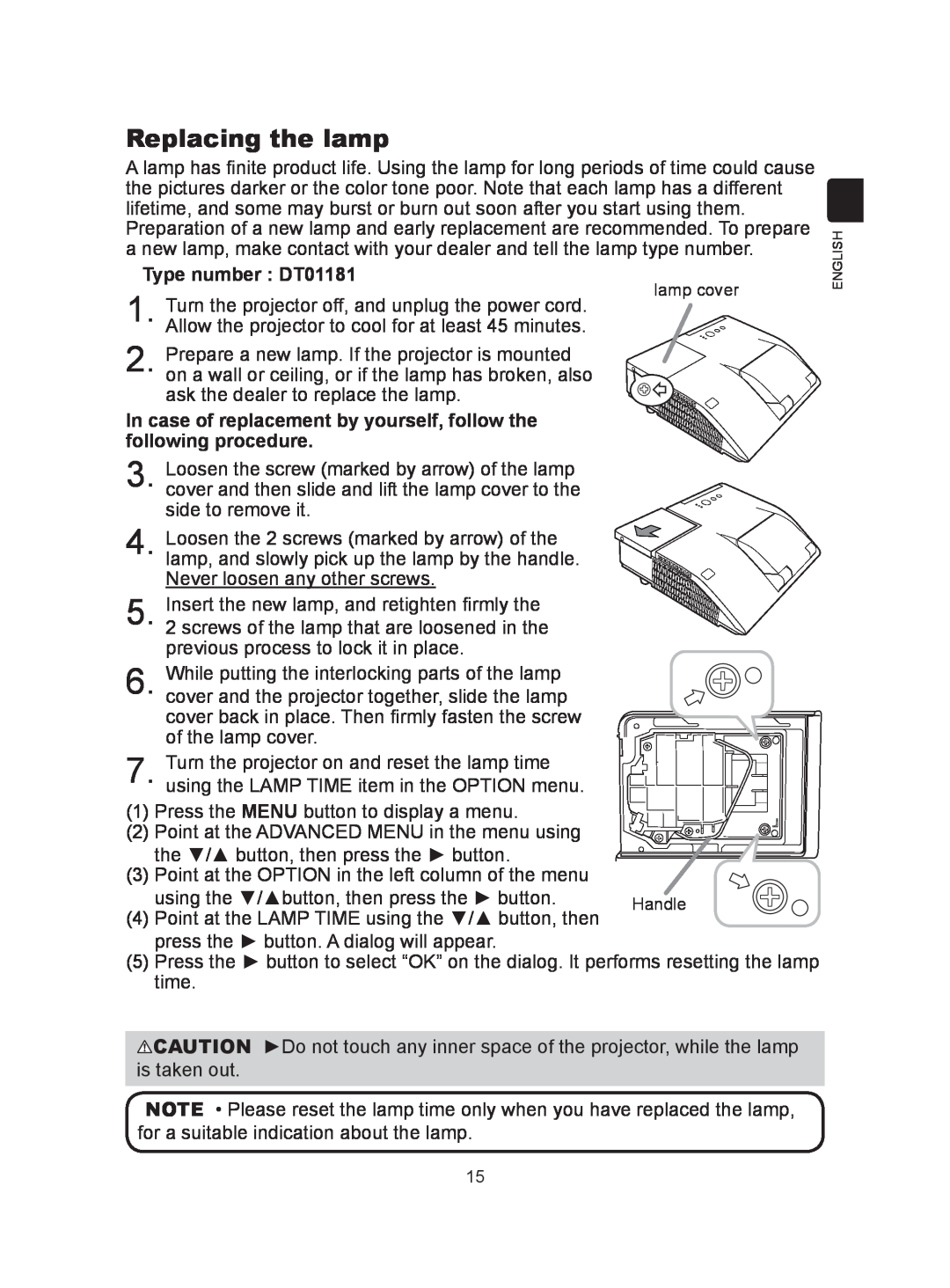 Hitachi CP-A300N user manual Replacing the lamp, Type number DT01181 