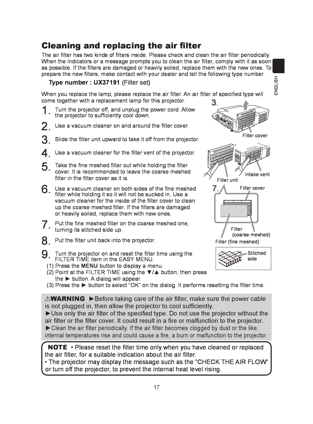Hitachi CP-A300N user manual Cleaning and replacing the air filter, Type number UX37191 Filter set 