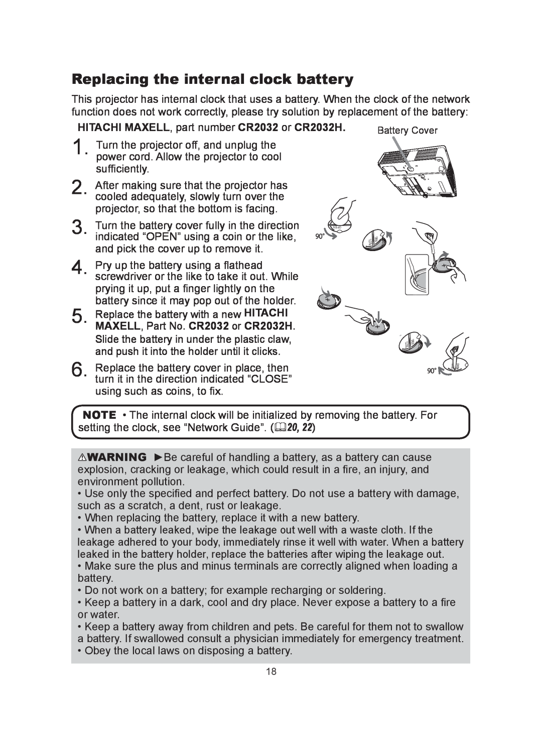 Hitachi CP-A300N user manual Replacing the internal clock battery, HITACHI MAXELL, part number CR2032 or CR2032H 
