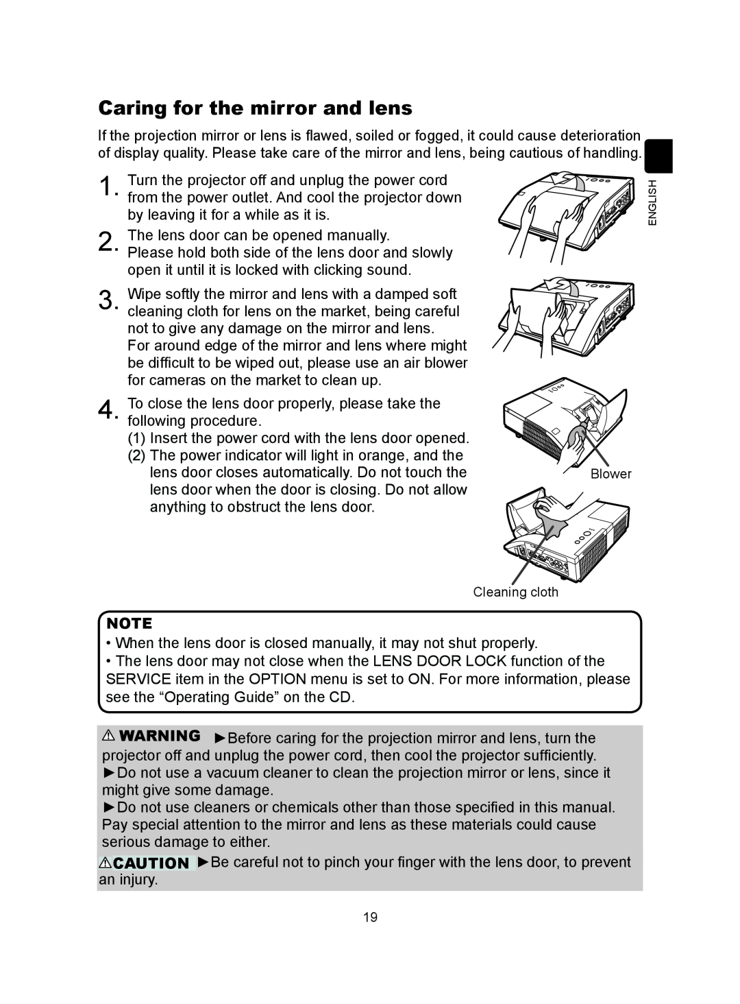 Hitachi CP-A300N user manual Caring for the mirror and lens 
