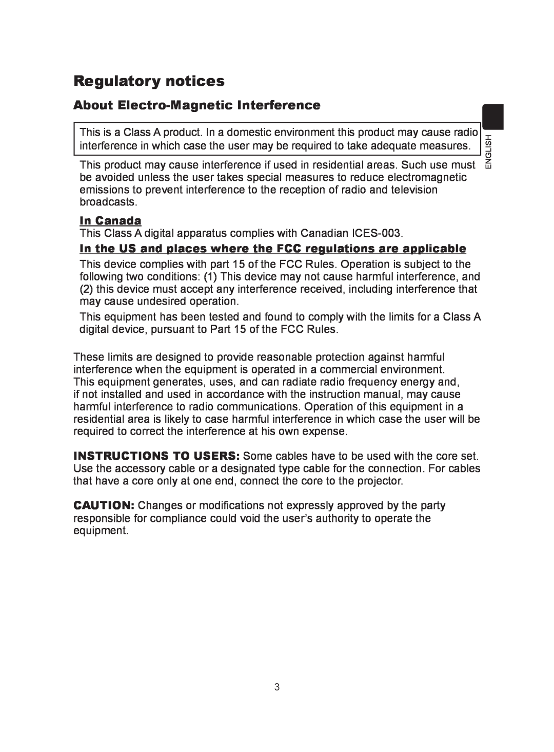 Hitachi CP-A300N user manual Regulatory notices, About Electro-Magnetic Interference, In Canada 
