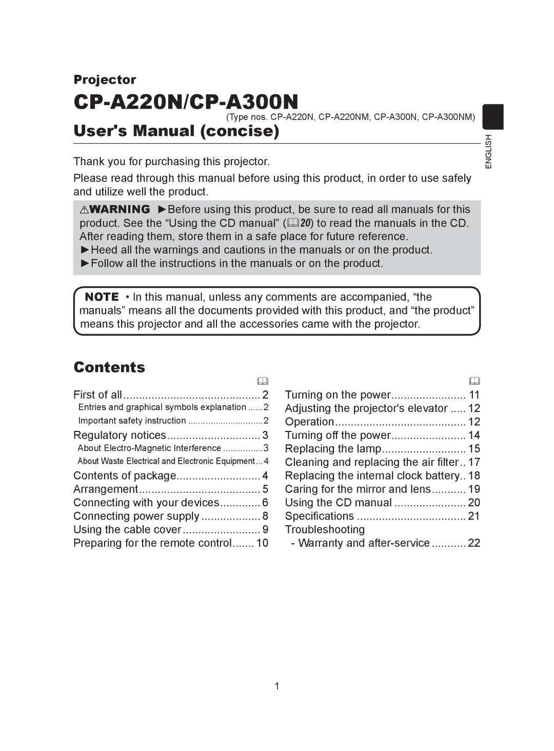 Hitachi user manual CP-A220N/CP-A300N, Contents 