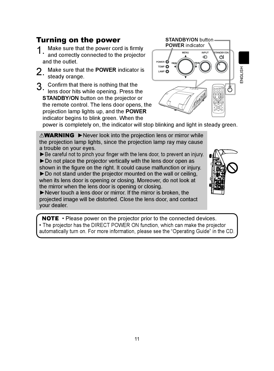 Hitachi CP-A300N user manual Turning on the power, STANDBY/ON button 