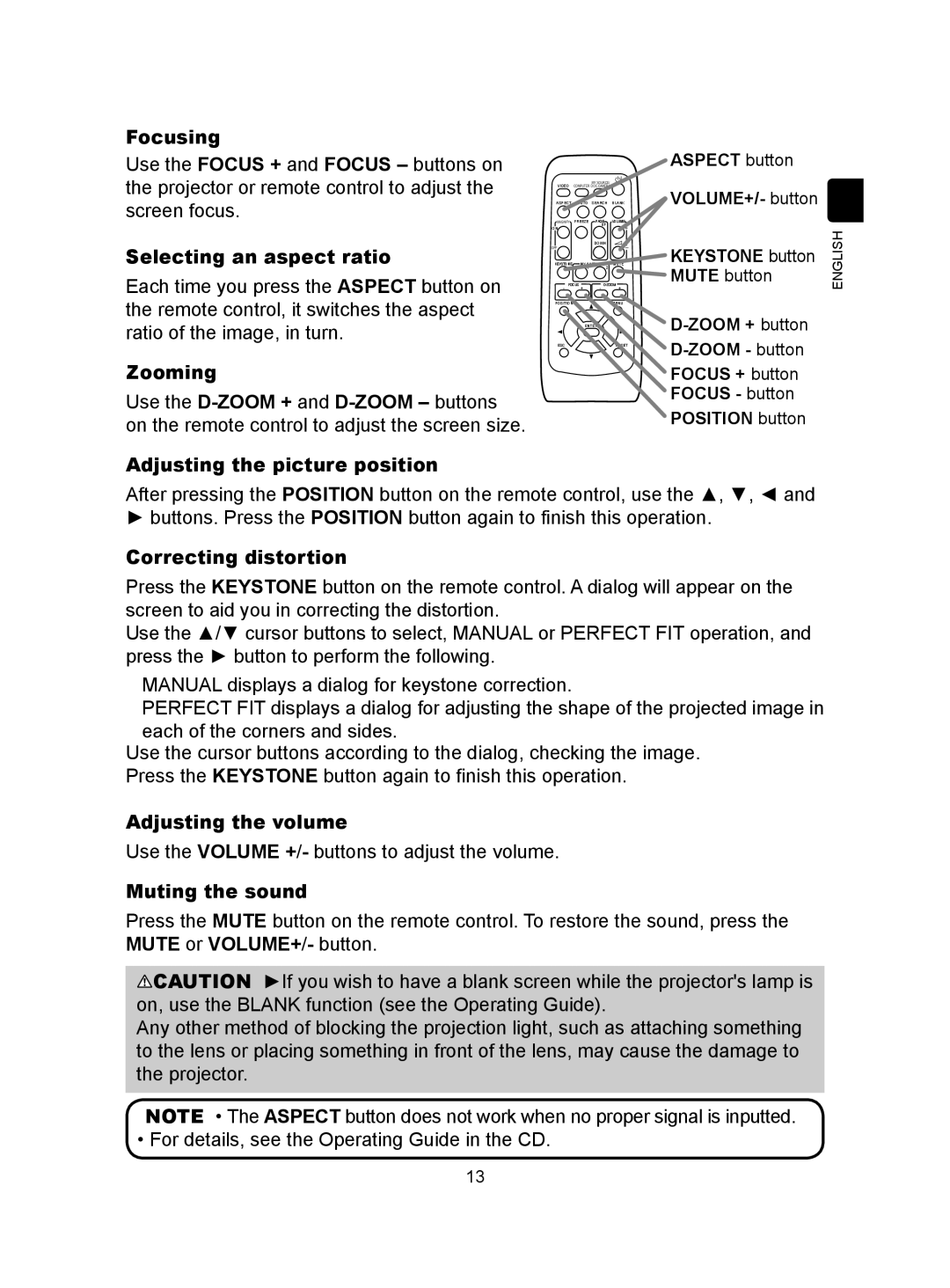 Hitachi CP-A300N Focusing, Selecting an aspect ratio, Zooming, Adjusting the picture position, Correcting distortion 