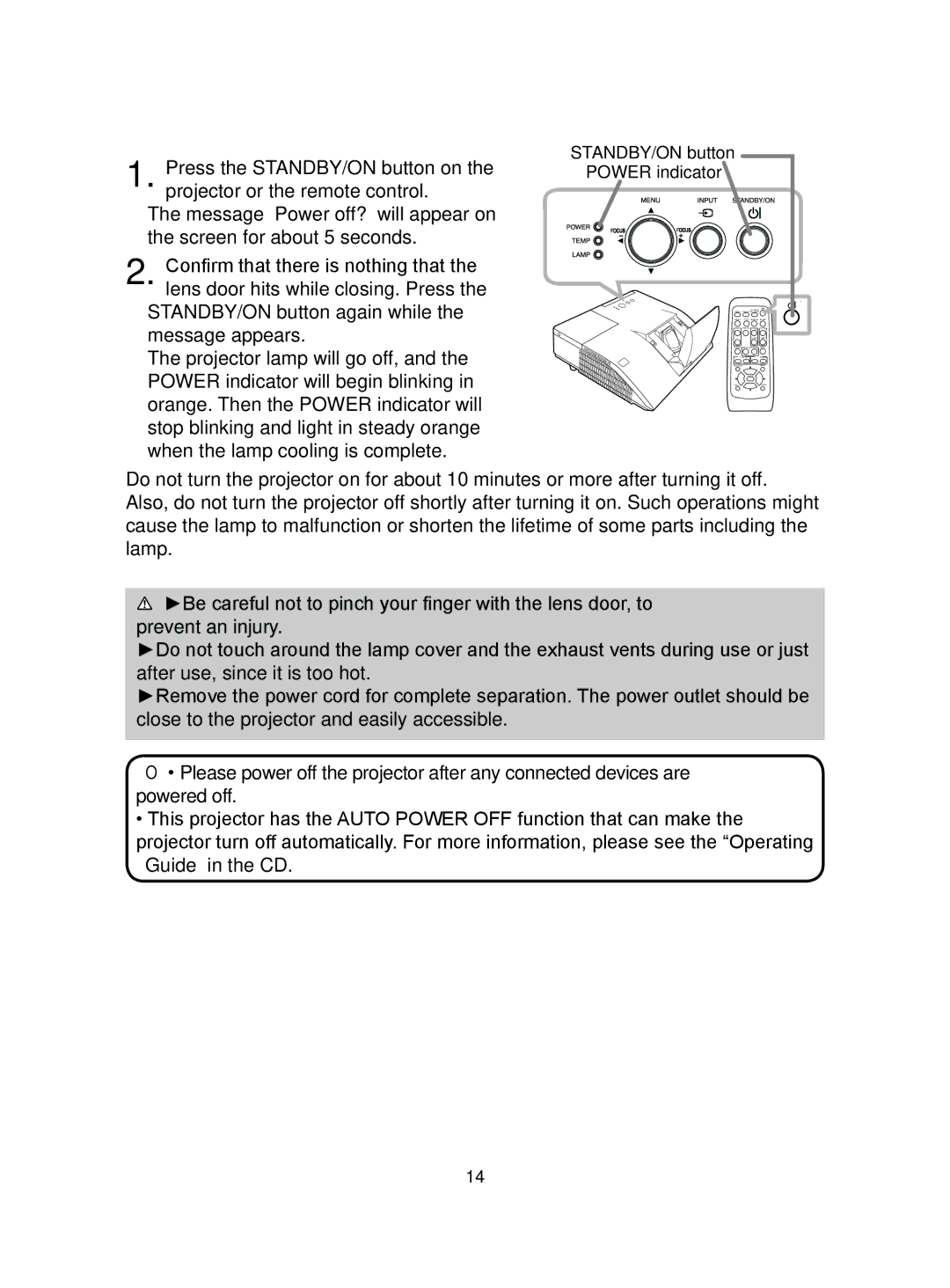 Hitachi CP-A300N user manual Turning off the power, STANDBY/ON button 