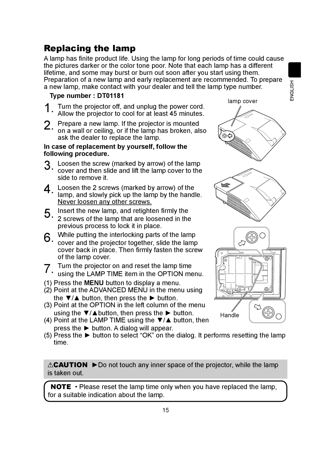 Hitachi CP-A300N user manual Replacing the lamp, Type number DT01181 