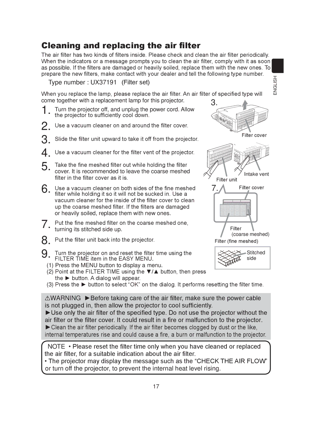 Hitachi CP-A300N user manual Cleaning and replacing the air filter, Type number UX37191 Filter set 