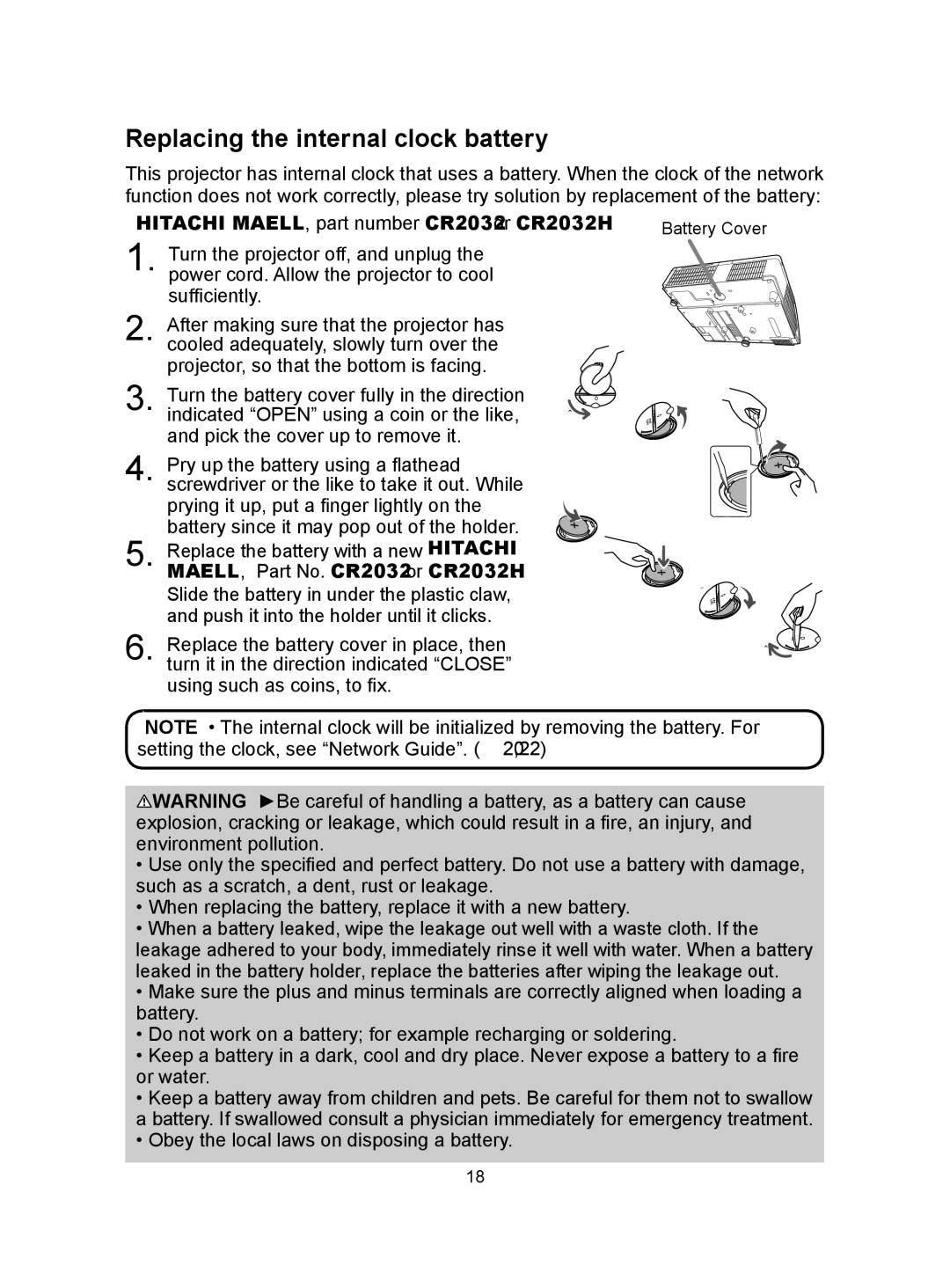 Hitachi CP-A300N user manual Replacing the internal clock battery, Hitachi MAXELL, part number CR2032 or CR2032H 