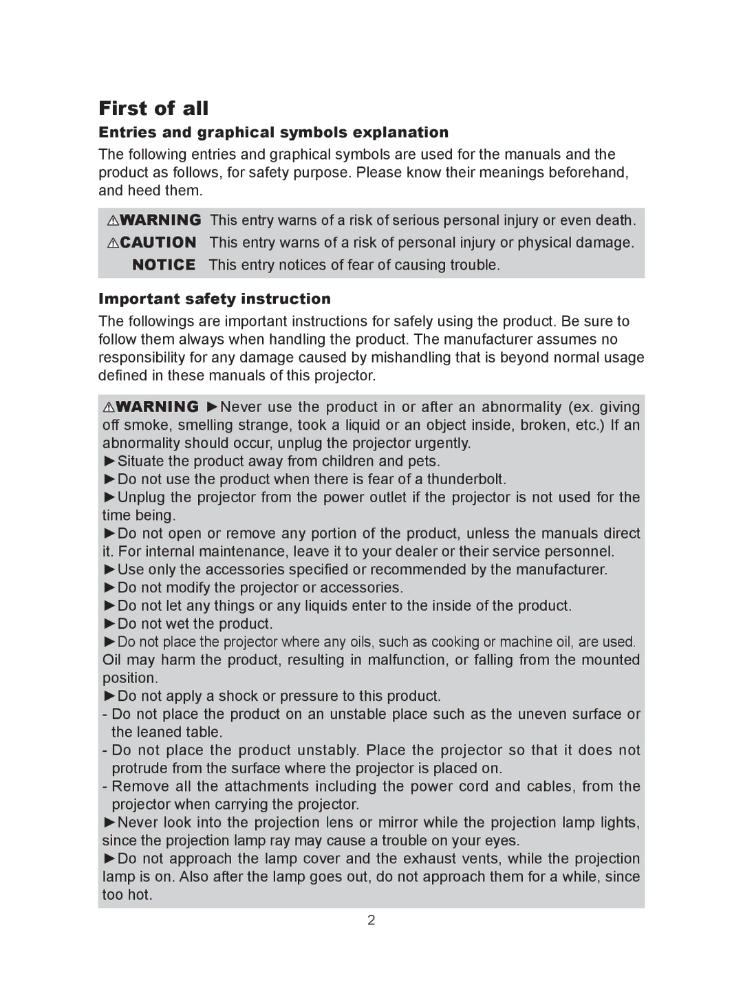 Hitachi CP-A300N user manual First of all, Entries and graphical symbols explanation, Important safety instruction 