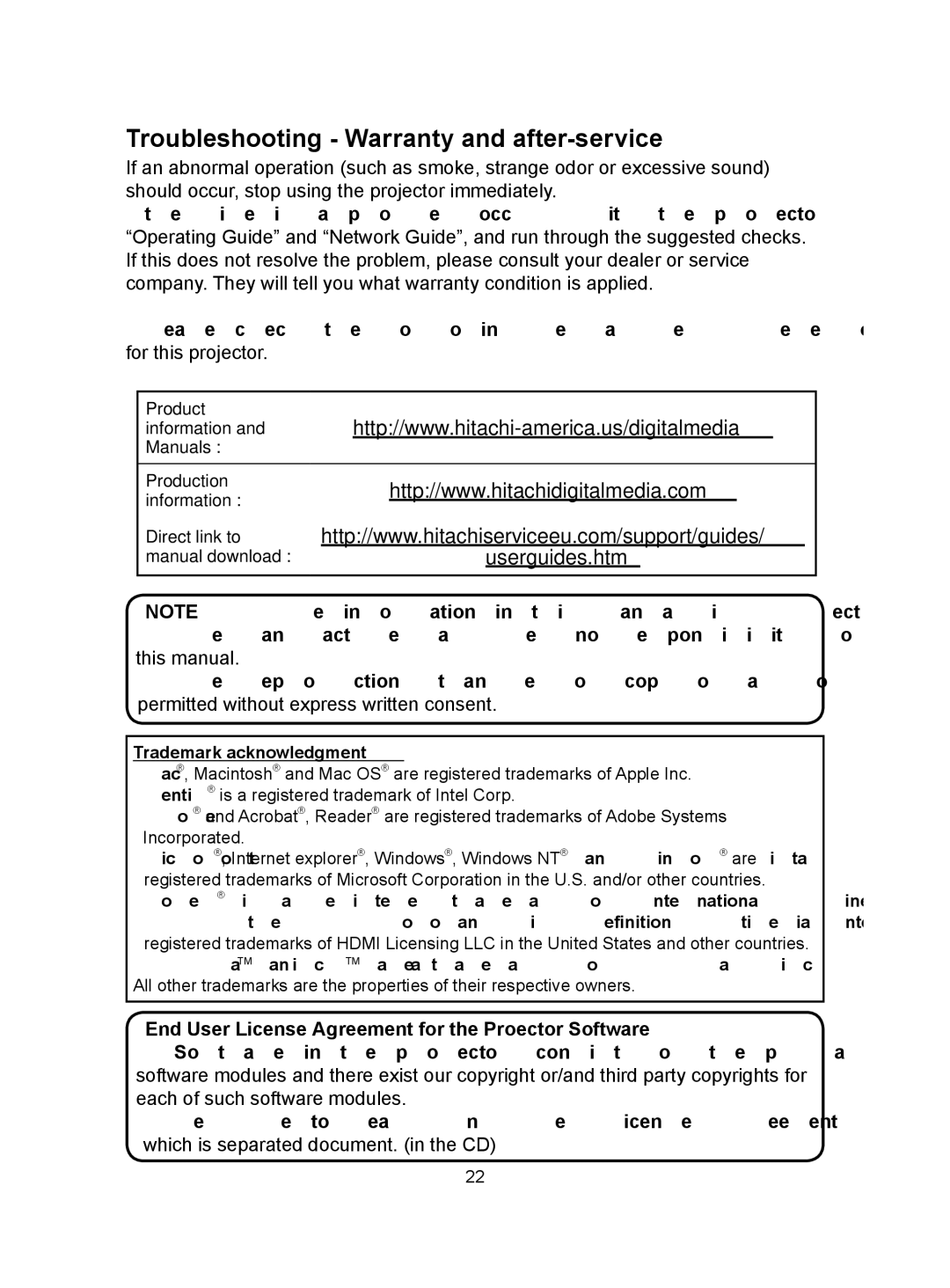 Hitachi CP-A300N user manual Troubleshooting Warranty and after-service, Userguides.htm, Trademark acknowledgment 