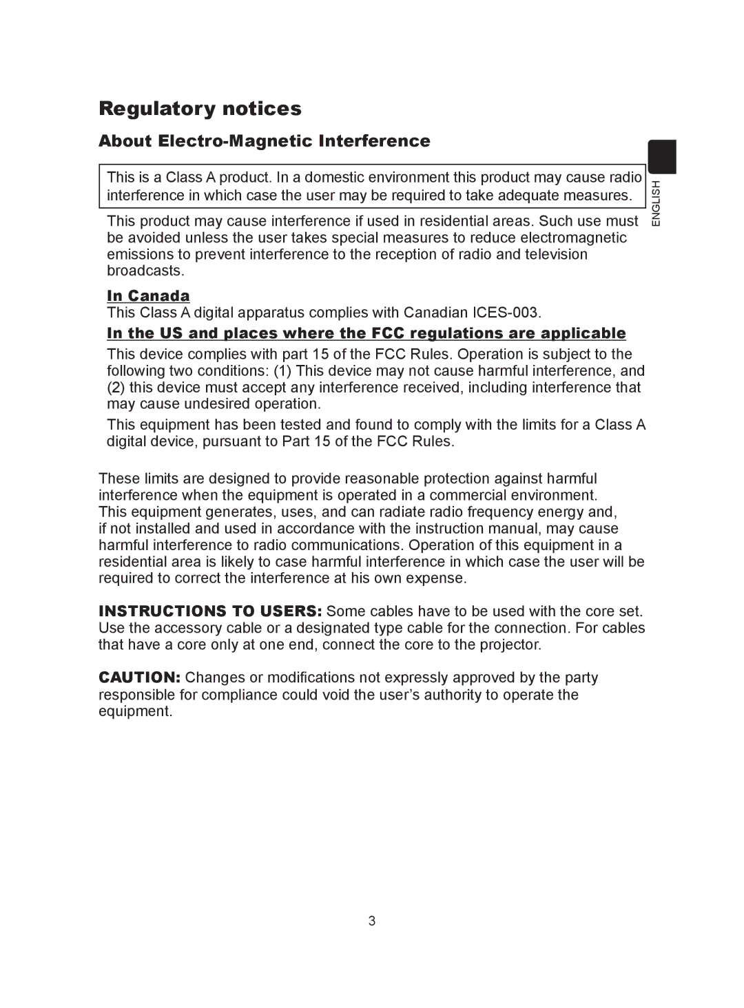 Hitachi CP-A300N user manual Regulatory notices, Canada, US and places where the FCC regulations are applicable 